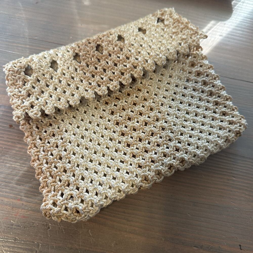 Vintage Crochet Jute Clutch Handbag Tan Brown Stripe Lined Purse Envelope Bag